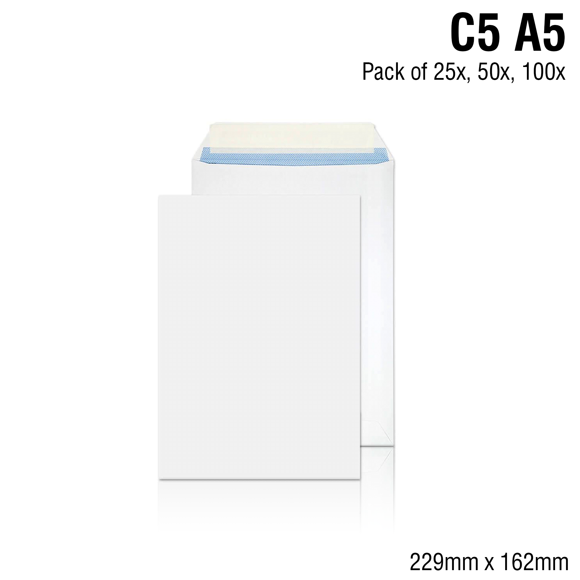 100 C5 Envelopes White Plain 90gsm 229mm x 162mm Self Seal Office Letter Pack 